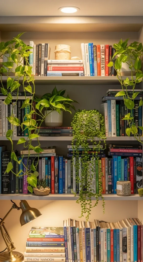 Decorate Bookshelves with Greenery