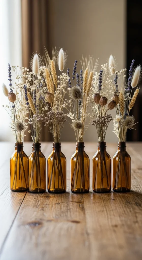 Amber Glass Bottles with Dried Flowers