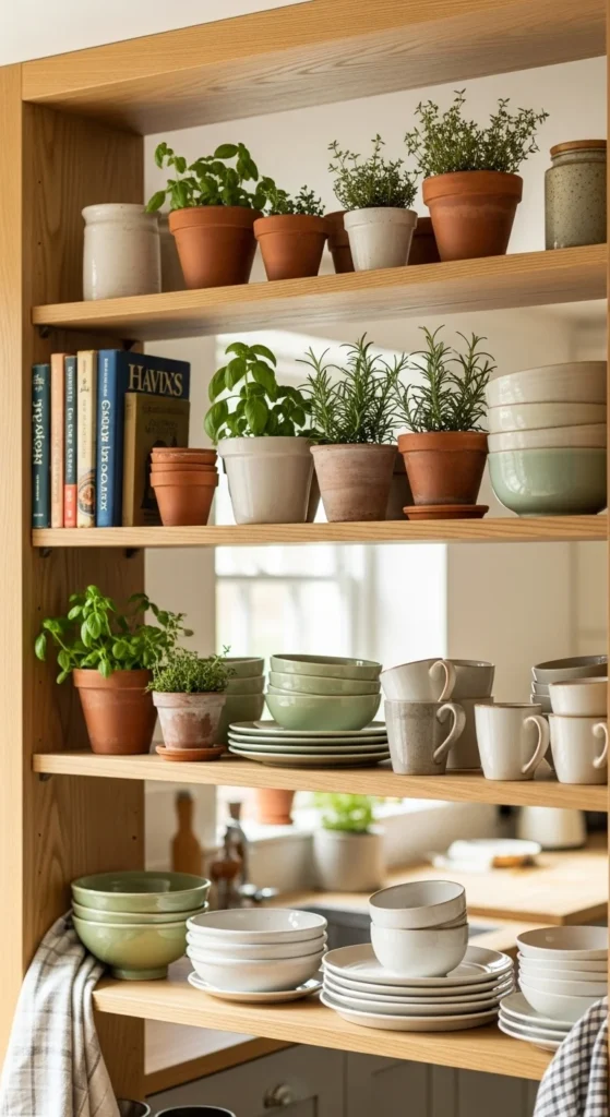 Add Plants to Open Kitchen Shelves