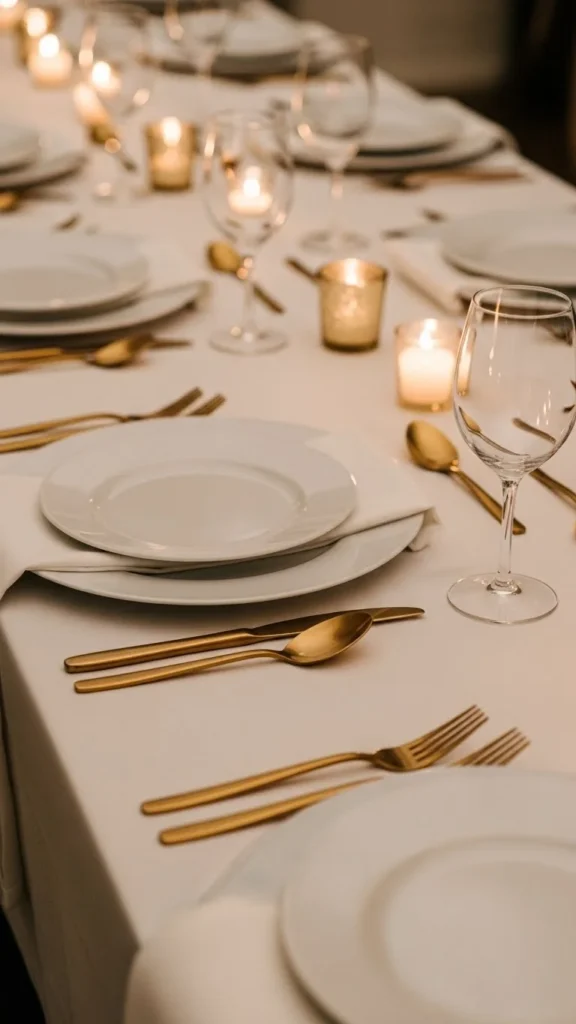 White Plates With Brushed Gold Cutlery