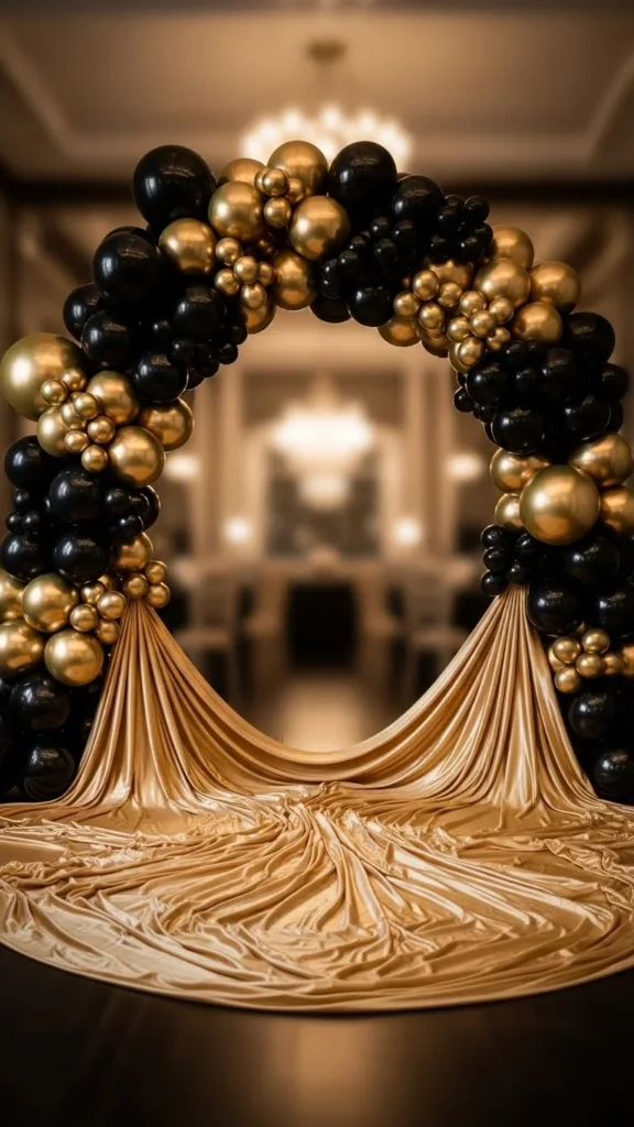 Black & Gold Luxe Arch With Draping