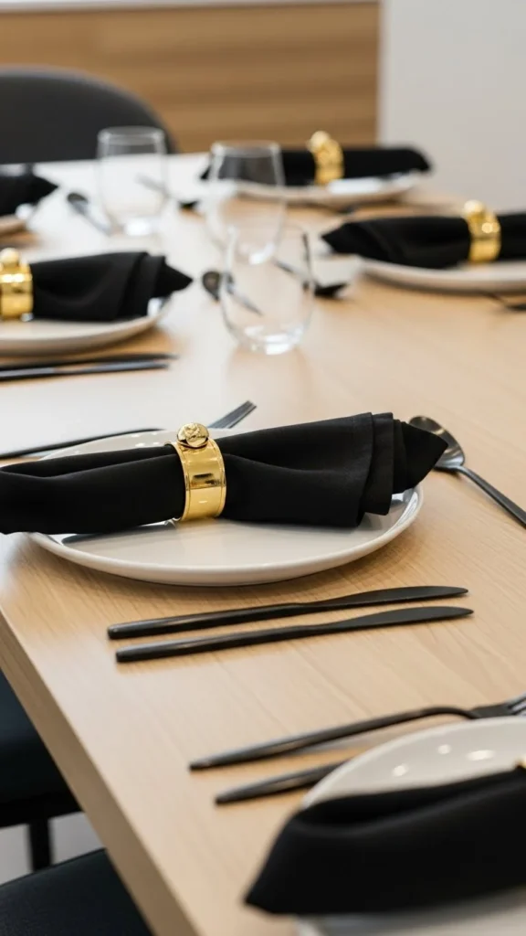 Black Napkins With Gold Rings