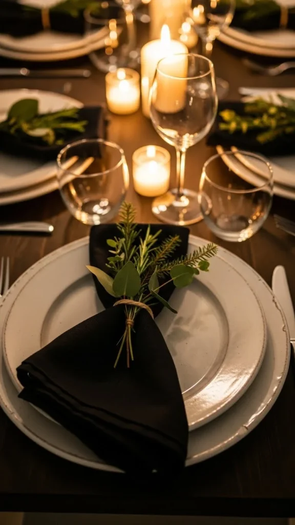 Black Napkins with Greenery Ties