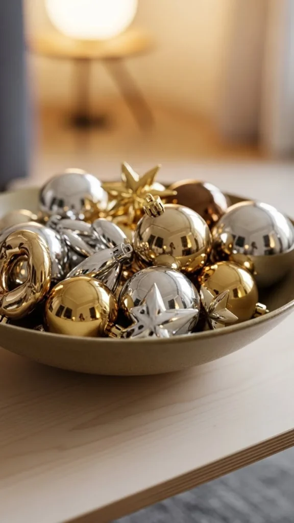 Bowl of Mixed Metallic Ornaments