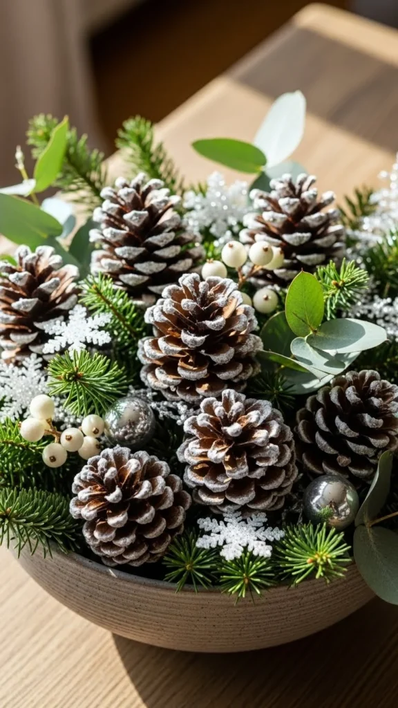 Bowl of Snowy Pinecones
