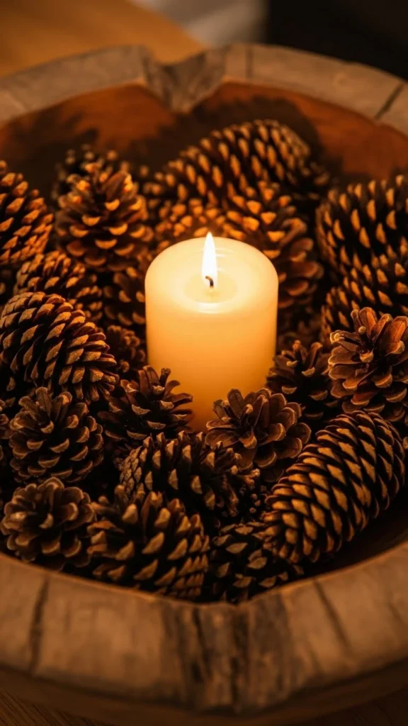Candle Glow in a Bowl of Pinecones