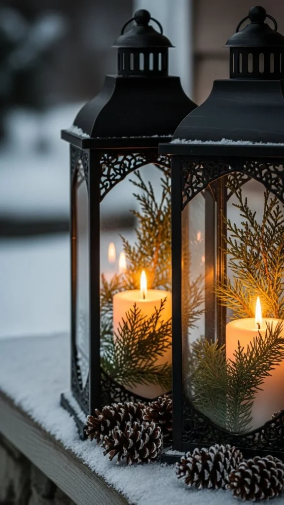 Candle Lanterns with Evergreen Fill