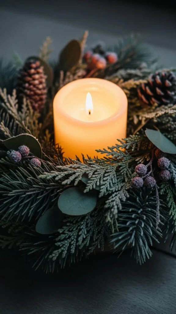 Candle Ring with Winter Greens