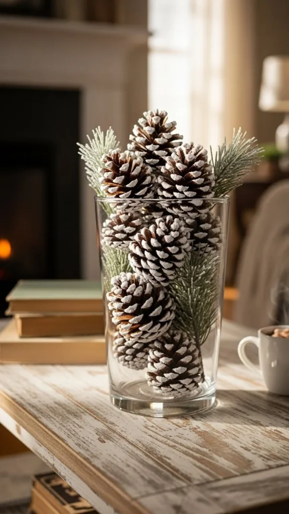 Clear Vase Filled With Snowy Pinecones