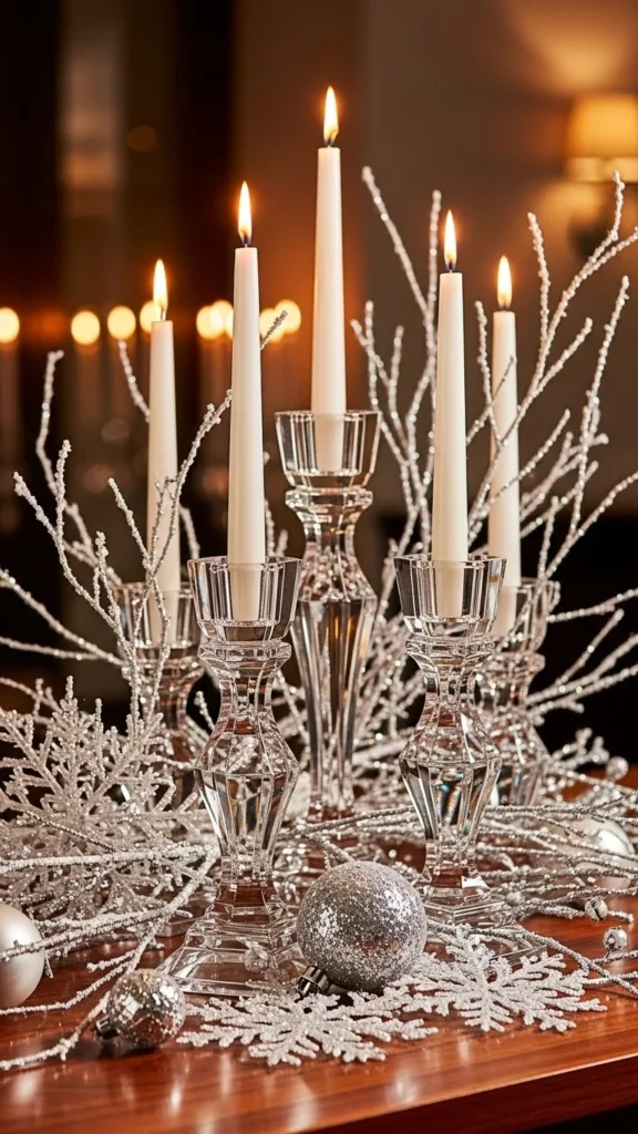 Crystal Candleholders with Snowy Accents