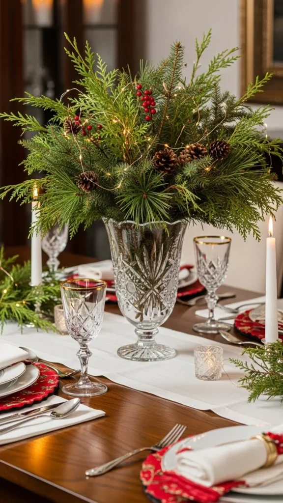 Crystal Vase Filled With Evergreens