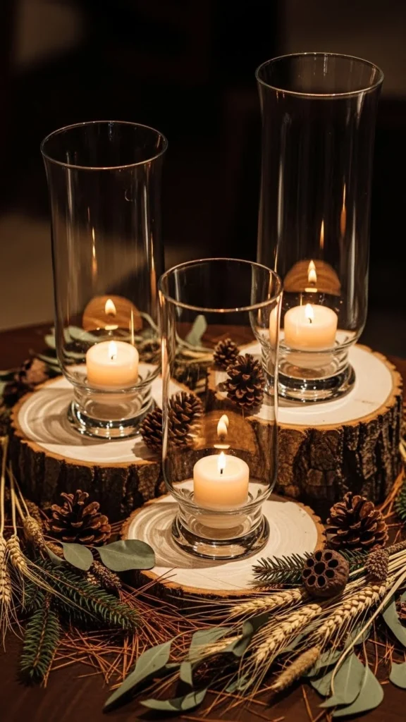 Elegant Glass Hurricanes on Wood Slices