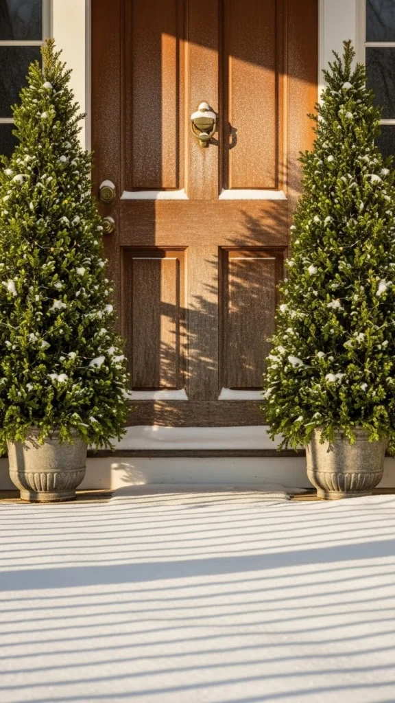 Evergreen Potted Trees by the Door