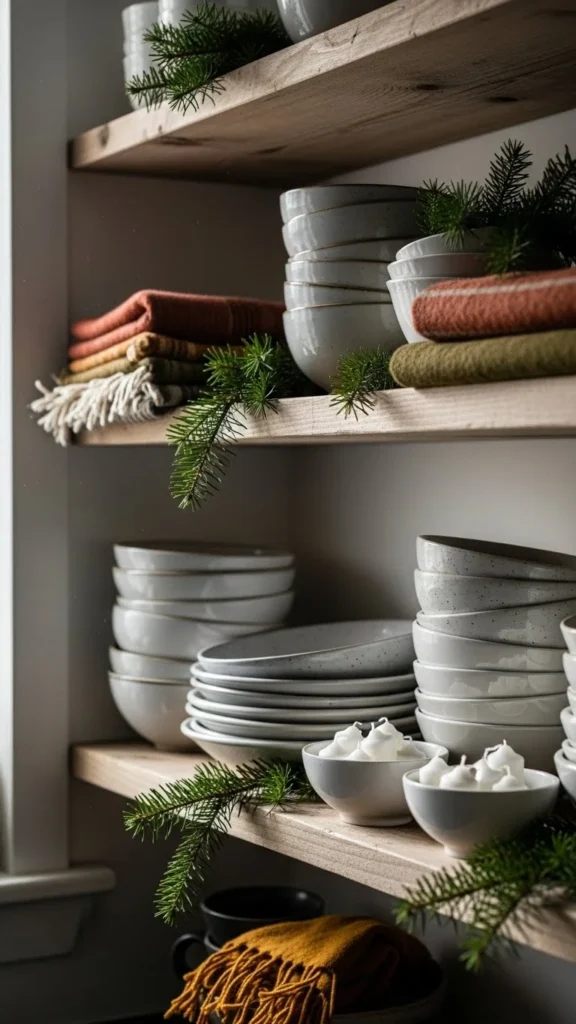 Evergreen Touches on Open Shelves