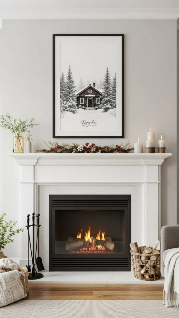 Framed Holiday Art Above the Fireplace