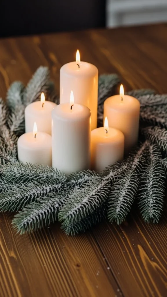 Frosted Evergreen & Pillar Candle Cluster