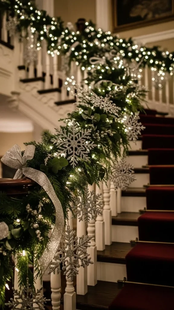 Glittered Snowflake Ornaments Along the Railing