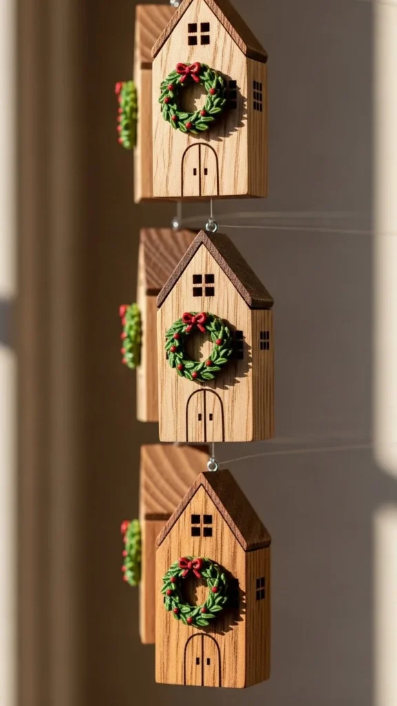 Hanging Wooden Houses With Tiny Wreaths