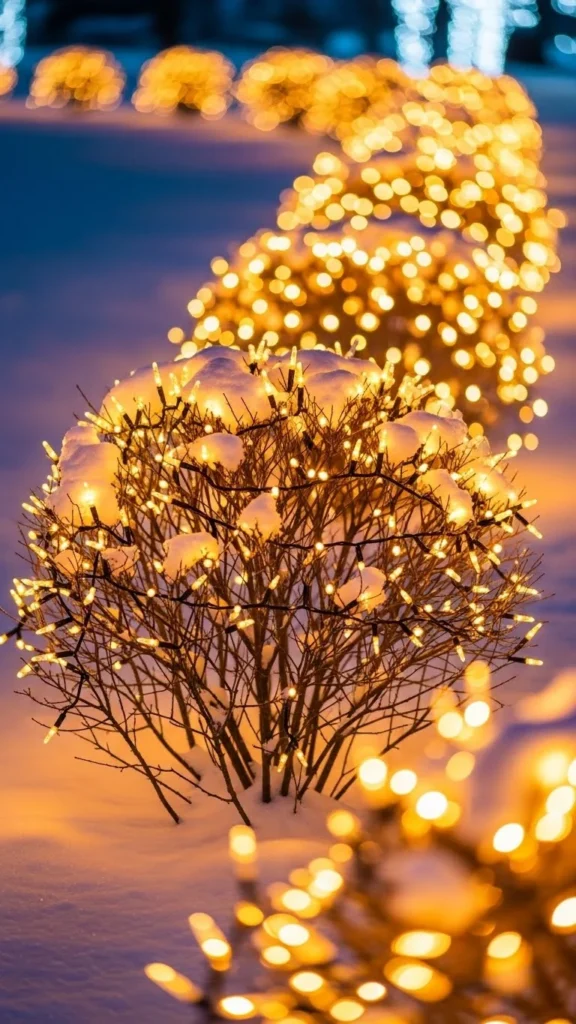 Icicle-Style String Lights on Shrubs