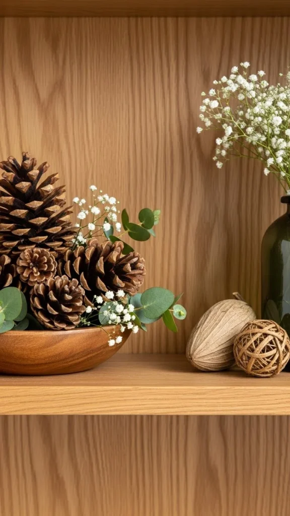 Nature-Inspired Shelf with Pinecones
