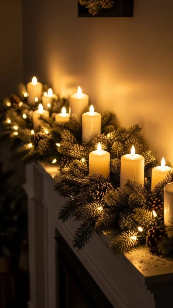 Soft Evergreen Garland With Warm Candlelight