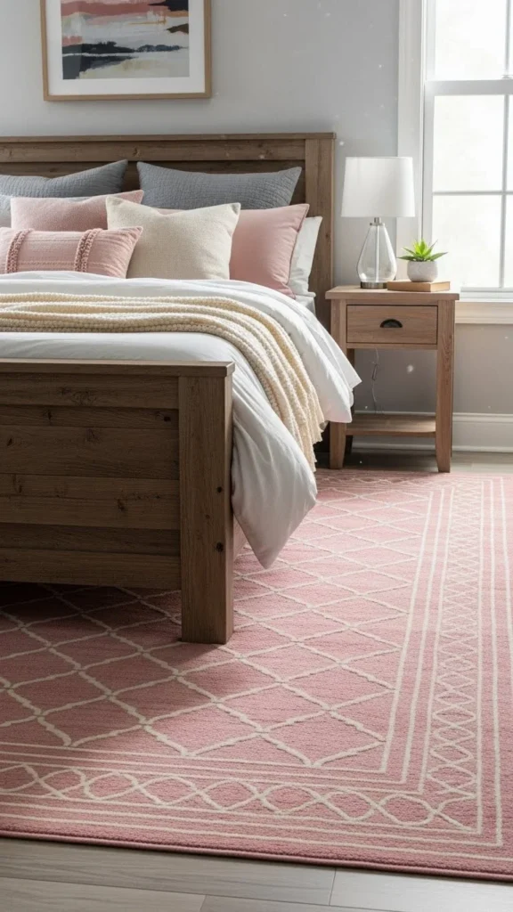Soft Pink Area Rug Near the Bed