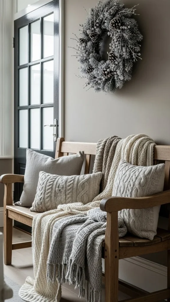 Soft Winter Layers on a Wooden Bench