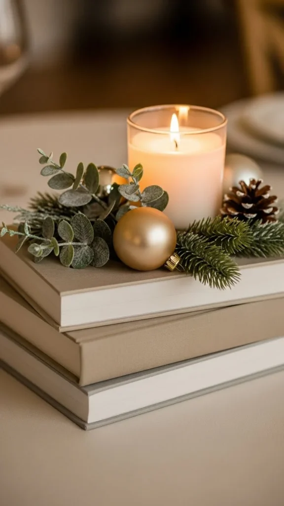 Stacked Books with Holiday Decor