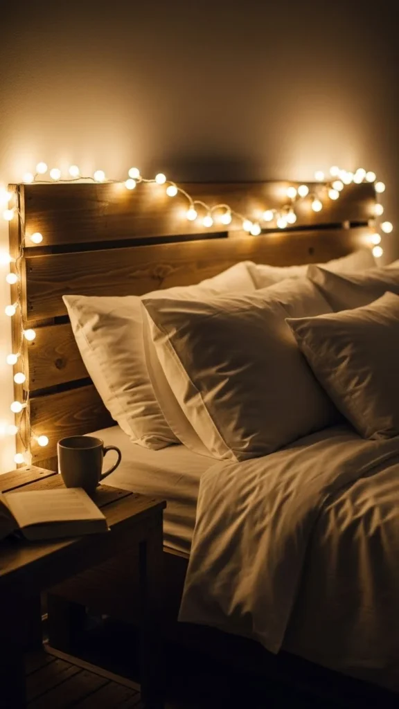 Warm String Lights Along the Headboard