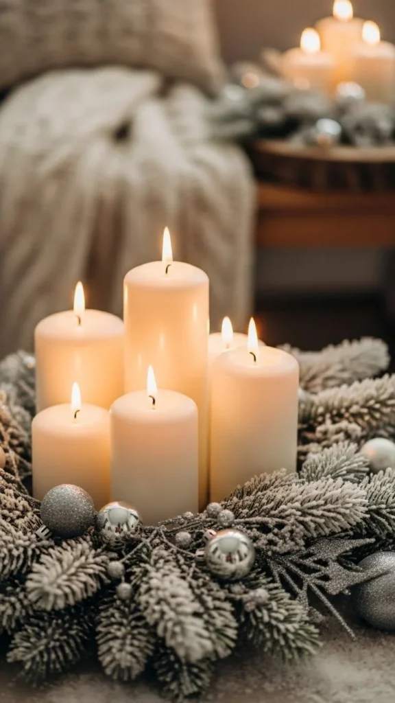 White Pillar Candles on a Bed of Snowy Greenery
