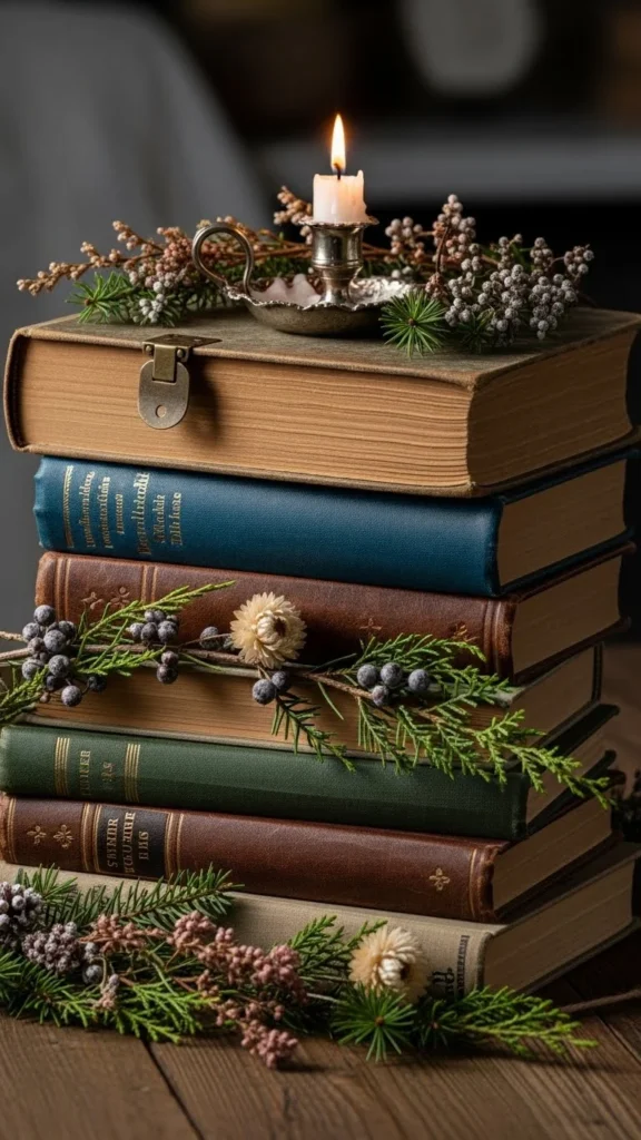 Winter Book Stack Candle Moment