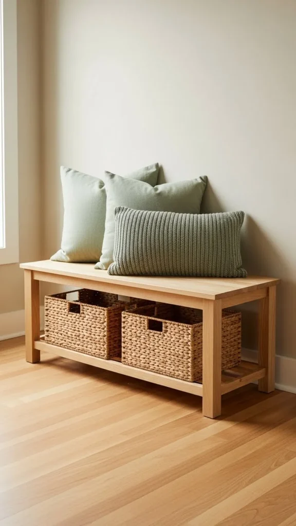 Entryway Bench With Green Throw Pillows