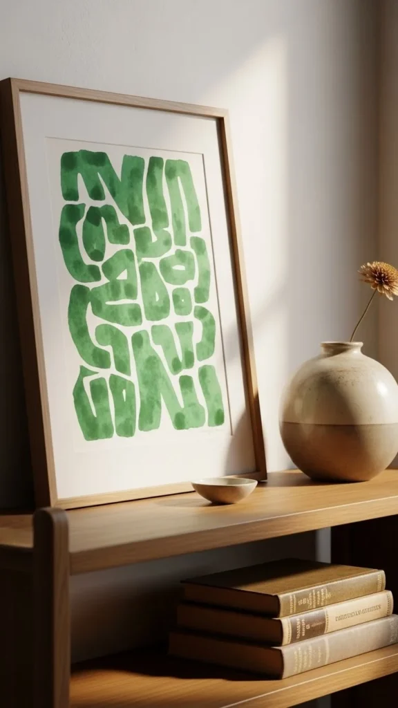 Green Artwork Leaning on a Shelf