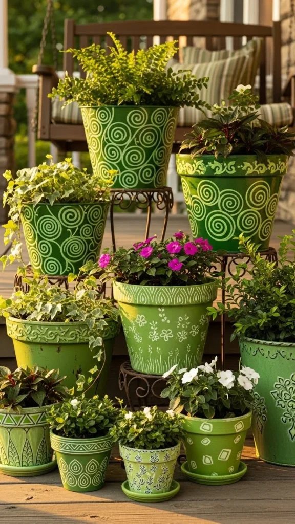 Green Painted Plant Pots