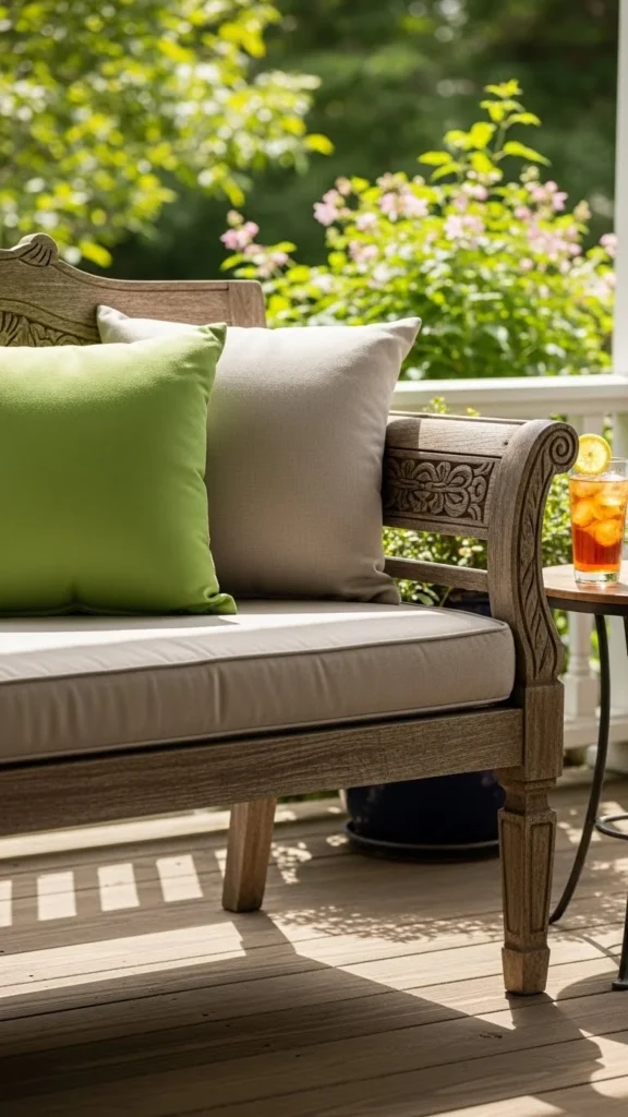 Neutral Porch Seating with Green Pillows