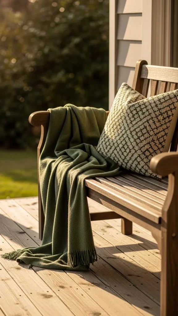 Porch Bench with Green Throw